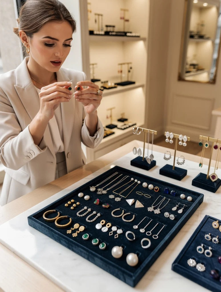 Une femme observe des boucles d'oreilles qu'elle tient dans ses mains. D'autres bijoux sont posés sur un plateau devant elle